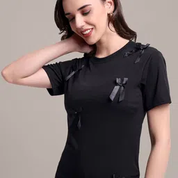 iki chic Women Self Design Slim Fit Bow Tshirts-image-39