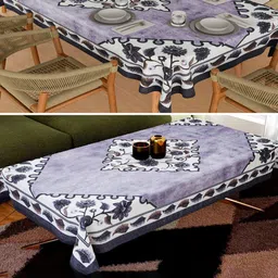 Aura Grey & Purple 2 Pieces Floral Anti-Skid Cotton 6-Seater Table Cover-14
