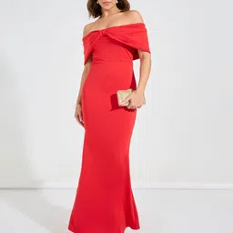 Styli Women Red Off Shoulder Bow Style Bodycon Maxi Dress-image-56