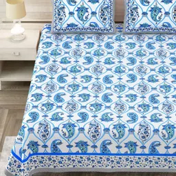 Aapno Rajasthan Blue & White Ethnic Motifs 144 TC King Bedsheet with 2 Pillow Covers-image-80