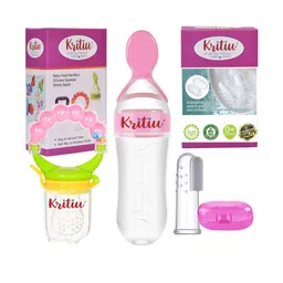 Kritiu Set Of 3 Silicone Squeezy Food & Bottle With Spoon & Figure Brush - Pink-29