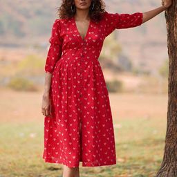 Chidiyaa Women Dil Se Re Handblock Printed Cotton Fit and Flare Dress-picture-34