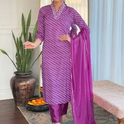 KALINI Leheriya Printed Cotton Blend V-Neck Straight Kurta With Trousers And Dupatta-image-98