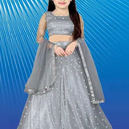 F Plus Fashion Girls Grey Sequinned Embellished Semi-Stitched Lehenga Choli With Dupatta-image-11