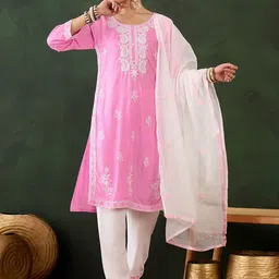 Maroosh Women Paisley Embroidered Regular Thread Work Kurta with Trousers & With Dupatta-image-94