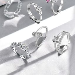Okos Set Of 6 Rhodium-Plated CZ Stone-Studded Finger Ring-image-10