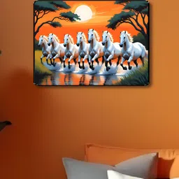 SAF Orange Colored & White Seven Running Horse Printed Wooden Wall Art-17