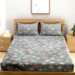 A Homes Grace Grey & Yellow Floral 144 TC Queen Bedsheet with 2 Pillow Covers-image-12