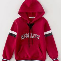 Kookie Kids Full Sleeves Hooded Sweatshirt New Life Print - Red-image-54
