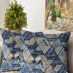Blue Grass Blue & White 2 Pieces Geometric Printed Velvet Square Cushion Covers-image-51