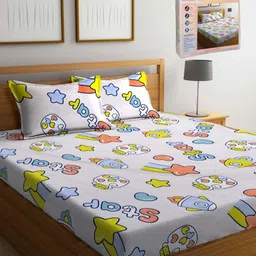 FABINALIV White & Yellow Cartoon Characters 300 TC King Bedsheet with 2 Pillow Covers-image-62
