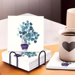 Ekhasa White & Blue 6 Pieces Printed Square Coasters With Stand-16