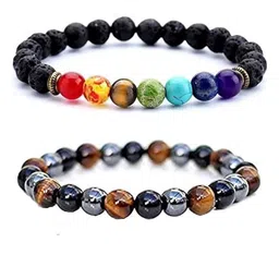 Lovemi Movements Unisex Set Of 2 7 Chakra Tiger Eye Hematite Beaded Elasticated Bracelets-6
