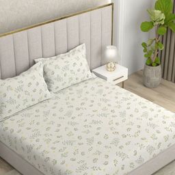 Pure Decor White & Green Floral 130 TC Queen Bedsheet with 2 Pillow Covers-picture-44