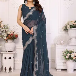 The Textile Hub Floral Embroidered Pure Chiffon Saree-image-70