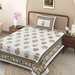 Jinaya's Multicoloured & Multicoloured Floral 300 TC Single Bedsheet with 1 Pillow Covers-image-78