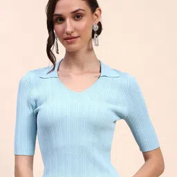 CAMLA Women Self Design V-Neck Slim Fit T-shirt-image-11