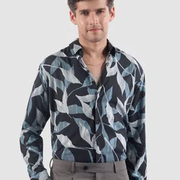 Beyoung Men Dark Blue Leaf Print Shirt-image-3