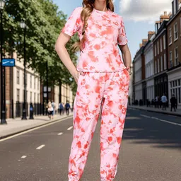 Roadster Pink Printed Round Neck Short Sleeves T-Shirt With Jogger-image-29