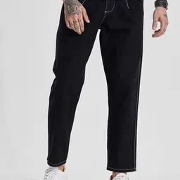 Snitch Men Dark Jet Black Mid-Rise Baggy Jeans-picture-51