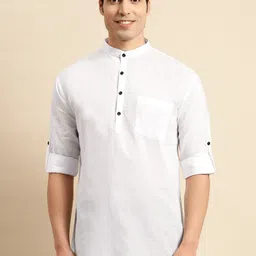 RAJUBHAI HARGOVINDAS Band Collar Cotton Straight Short Kurta-10