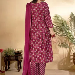 Anouk Pink Ethnic Motifs Printed Mirror Work Chanderi Silk Kurta with Trousers & Dupatta image 5