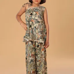 The Mini Trunk Girls Floral Printed One Shoulder Mirror Work A-Line Kurti With Palazzos-image-91