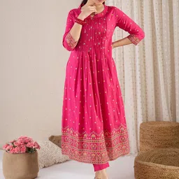 Indo Era Floral Printed Pure Cotton Round Neck A-Line Tunic With Trousers Co-Ords-picture-16