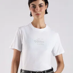Calvin Klein Jeans Women Brand Logo Printed Round Neck Pure Cotton Regular Fit T-shirt-image-115