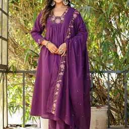 PEENGAX Floral Embroidered V-Neck Thread Work A-Line Kurta With Trousers & Dupatta-image-38