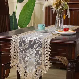 MONKDECOR White & Beige Embroidered TableRunners-3