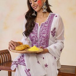 Indo Era Women Floral Embroidered Regular Thread Work Kurta with Trousers & With Dupatta-24