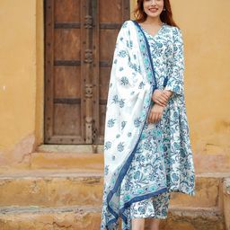 Jaitpuriya Women Floral Printed Angrakha Pure Cotton Kurta with Trousers & With Dupatta-image-33