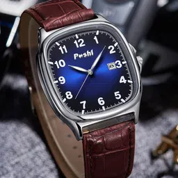 Poshi Men Square Dial Genuine Leather Strap Watch with Adjustable Clasp-22