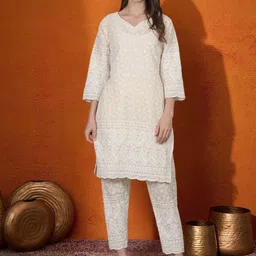 pinfit Women Embroidered Regular Pure Cotton Kurta with Trousers-10