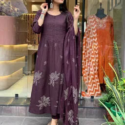 GoSriKi Floral Printed Round Neck Anarkali Kurta With Trouser & Dupatta-image-38