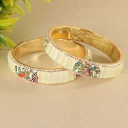 ZULKA Set of 2 Zircon Diamond & Crystal Studded Floral Printed Metal Kada Bangles-19
