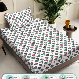 Myntra Elegant Homes White & Green Cartoon Printed 400 TC Single Bedsheet Set-2.25mX1.50m-image-52