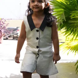 Funny Bones Clothings Girls Luxe Ivory Edge Cotton Linen Blazer Dress-image-22