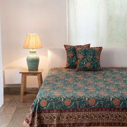 Fabindia Mehulika Teal Green & Red Printed Cotton King Bed Cover-9