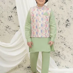 Aj DEZInES Boys Pista Cotton Full Sleeves Abstract Kurta Pyjama Waistcoat-42