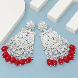 BELWICK Silver-Plated Kundan Studded And Beaded Contemporary Shaped Drop Earrings-31