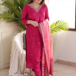 Moda Rapido Floral Embroidered Thread Work Chanderi Silk Kurta With Trousers & Dupatta-picture-27
