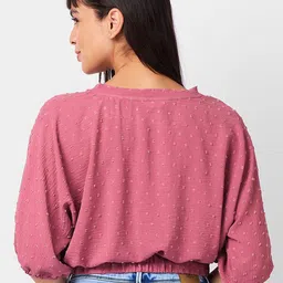 IZEL Women Self Design Puff Sleeves Blouson Crop Top image 2