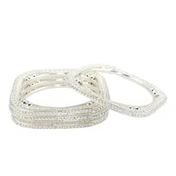 ZULKA Set Of 4 Silver-Plated Zircon Diamond Stone-Studded Square Shaped Bangles image 4