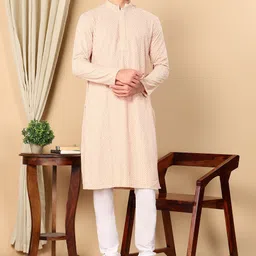 TATTVA Ethnic Motifs Embroidered Mandarin Collar Pure Cotton Straight Kurta With Pyjamas-image-81