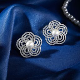 Manikya Rhodium-Plated American Diamond CZFloral Studs-18