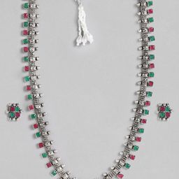 I Jewels Silver Oxidized Pink & Green Rhodium-Plated Jewellery Set-76