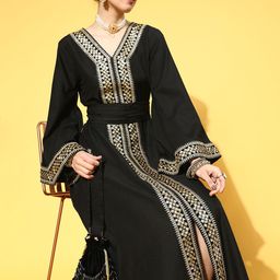 Inddus Women Black & Golden Ethnic Motifs Ethnic A-Line Midi Dress with Front Slit-picture-17