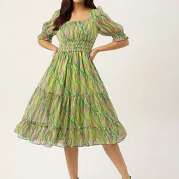 Antheaa Green & Pink Chiffon Geometric Print Tiered Dress-picture-27